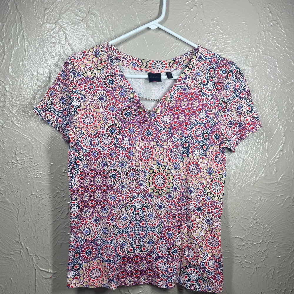 Rafaella‎ Multicolor Short Sleeve Chain V Neck Floral Print Top Womens Sz Small